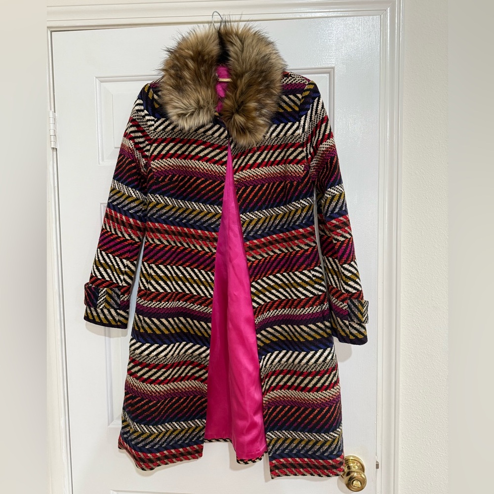 Trina Turk coat, fur collar, multi color, knee length, excellent condition